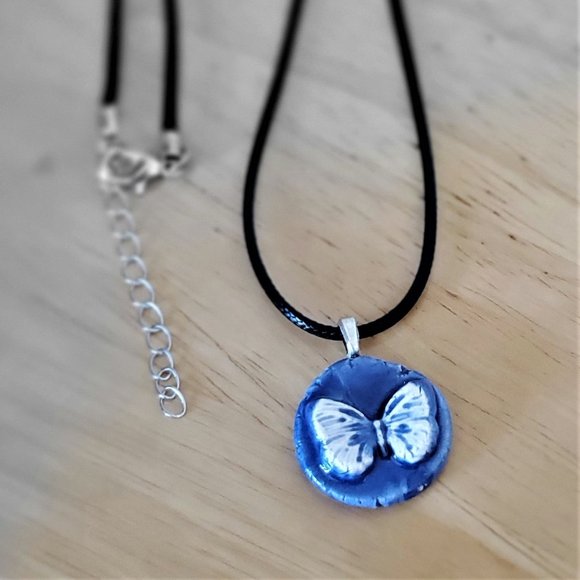 Handmade Ceramic Blue Butterfly Pendant Necklace - Picture 3 of 7